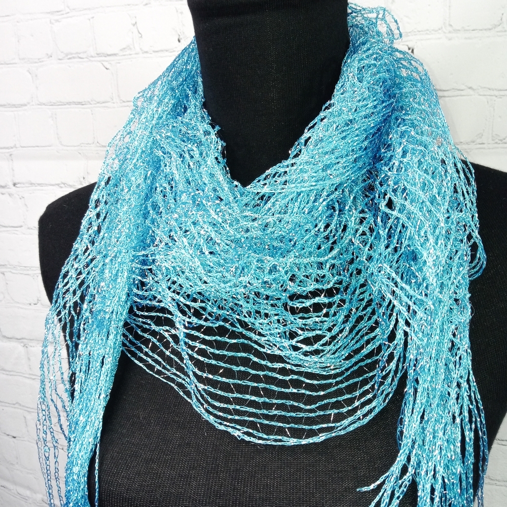 Blue Ruffled Net Fringe Scarf - Picture 2 of 8